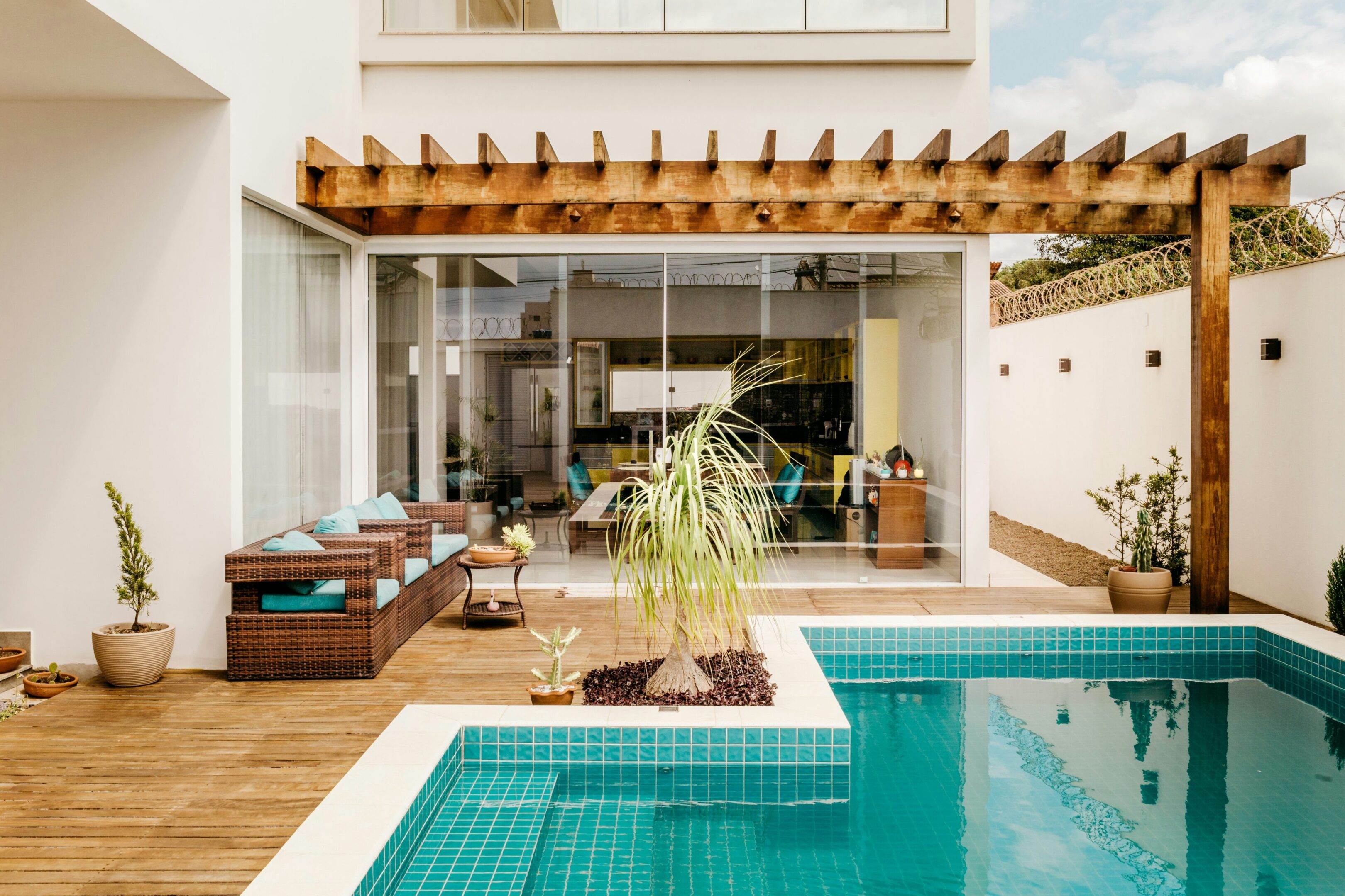 A pool with a tree in the middle of it