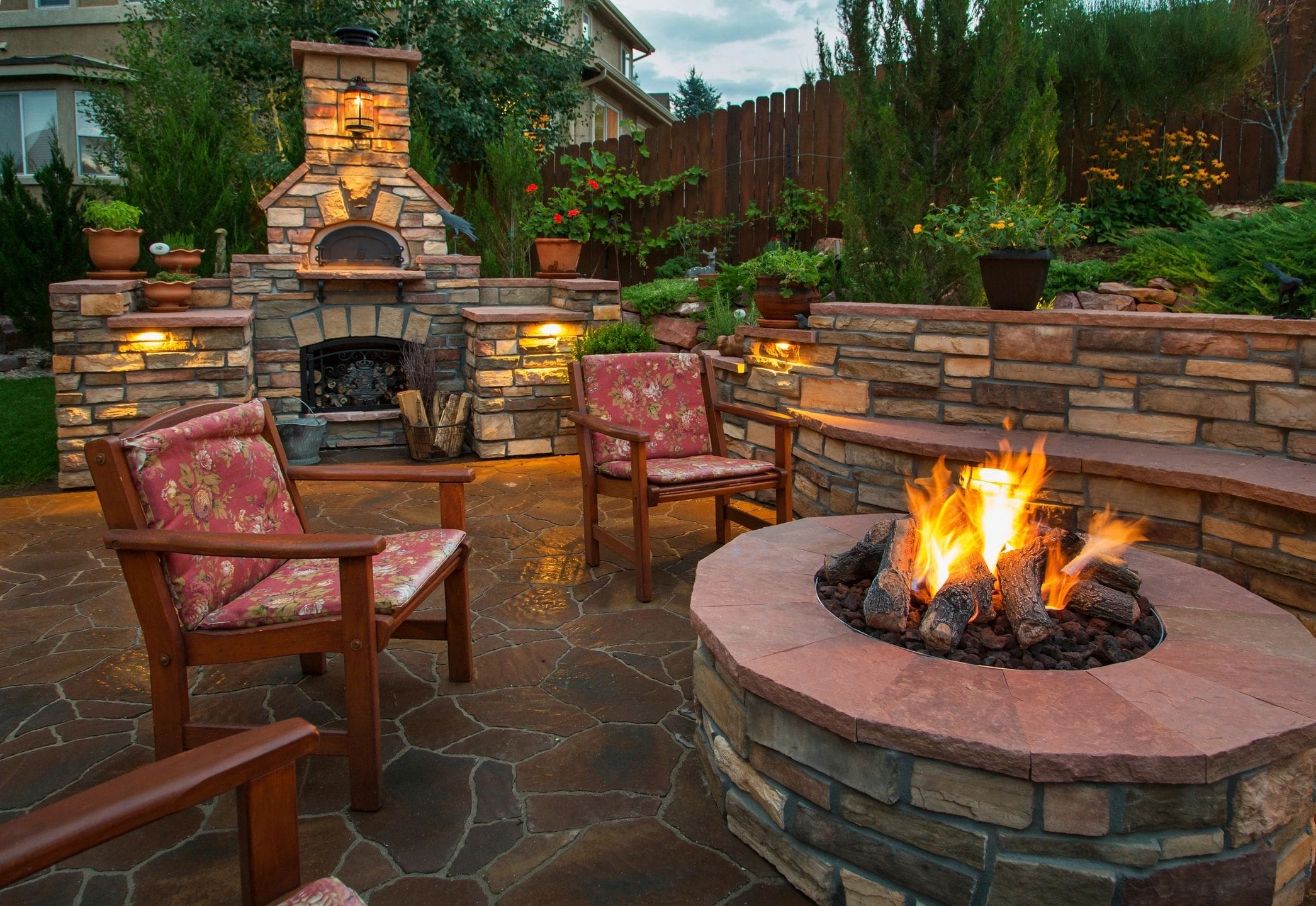 outdoor fireplace, fire pit, retainer wall and flagstone floor